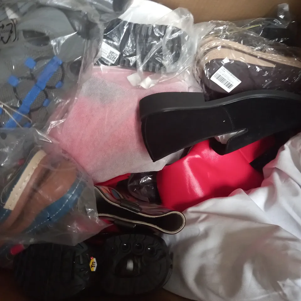 BOX OF APPROXIMATELY 15 ASSORTED PAIRS OF SHOES AND FOOTWEAR ITEMS IN VARIOUS COLOURS, STYLES, AND SIZES - COLLECTION ONLY