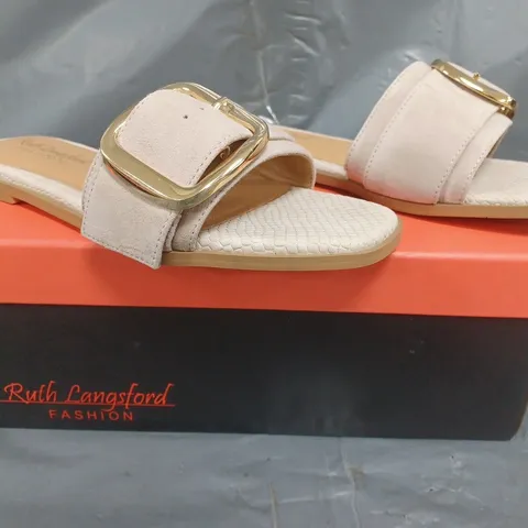 BOXED PAIR OF RUTH LANGSFORD BUCKLE SANDALS TAUPE SUEDE SIZE 5
