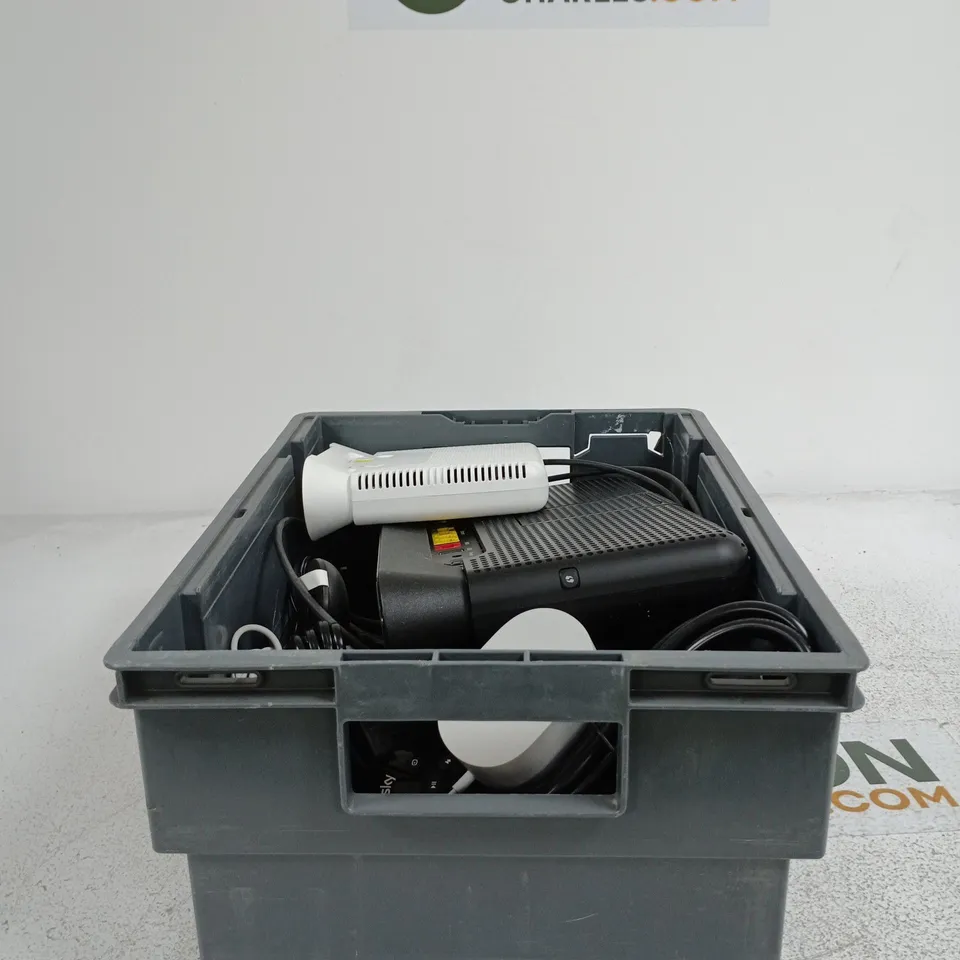 TOTE OF APPROXIMATELY 15 ASSORTED ITEMS TO INCLUDE ROUTERS, REMOTE CONTROLS, POWER SUPPLIES ETC