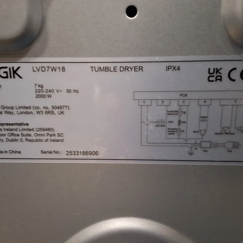 LOGIK LVD7W18 7 KG VENTED TUMBLE DRYER - WHITE