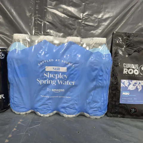 APPROXIMATELY 3 ASSORTED FOOD ITEMS TO INCLUDE SPRING WATER MULTIPACK, CURIOUS ROO COFFEE, AND MONSTER