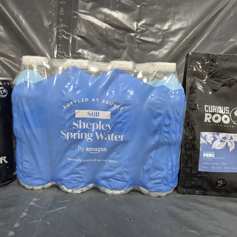 APPROXIMATELY 3 ASSORTED FOOD ITEMS TO INCLUDE SPRING WATER MULTIPACK, CURIOUS ROO COFFEE, AND MONSTER