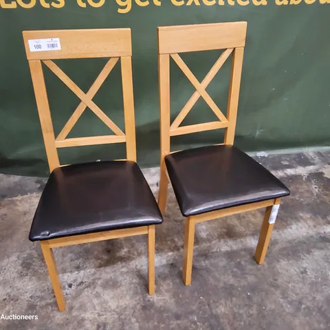 PAIR OF NATURAL WOOD X BACK DINING TABLES BLACK PU SEAT PADS