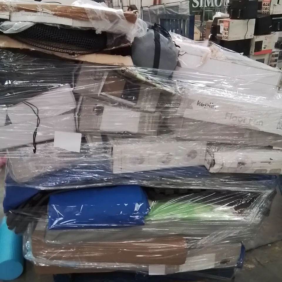 PALLET CONTAINING VARIOUS ELECTRICAL ITEMS AND HOUSEHOLD PRODUCTS TO INCLUDE;FAN,CAMPING CHAIR,YOGA MAT 