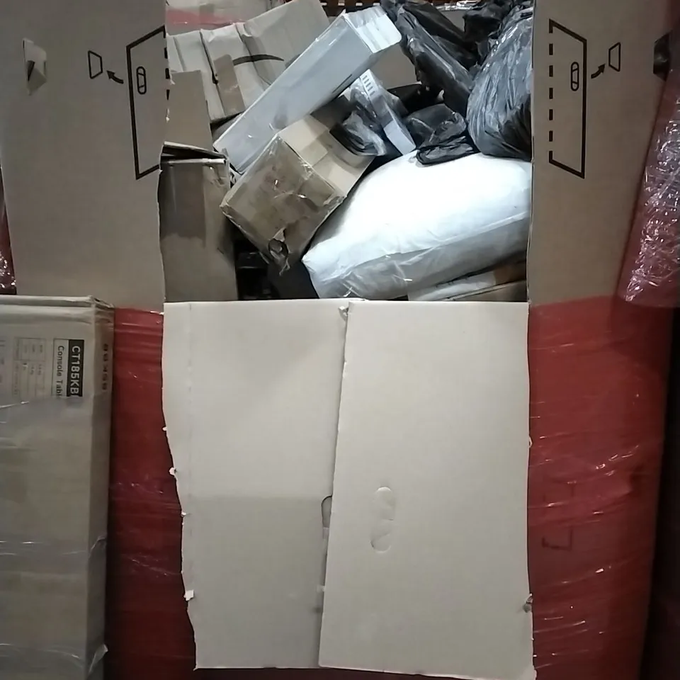 PALLET OF HOUSEHOLD ITEMS TO INCLUDE SUPERMARKET SHOP EXPERIENCE, TOILET SEAT, CONSOLE TABLE,BED FRAME WITH HEADBOARD AND OTHER ASSORTED ITEMS...