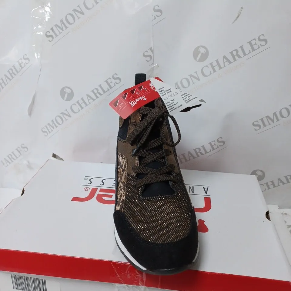 BOXED RIEKER BLACK SNAKE HIGH TOP TRAINERS, BLACK - SIZE 5