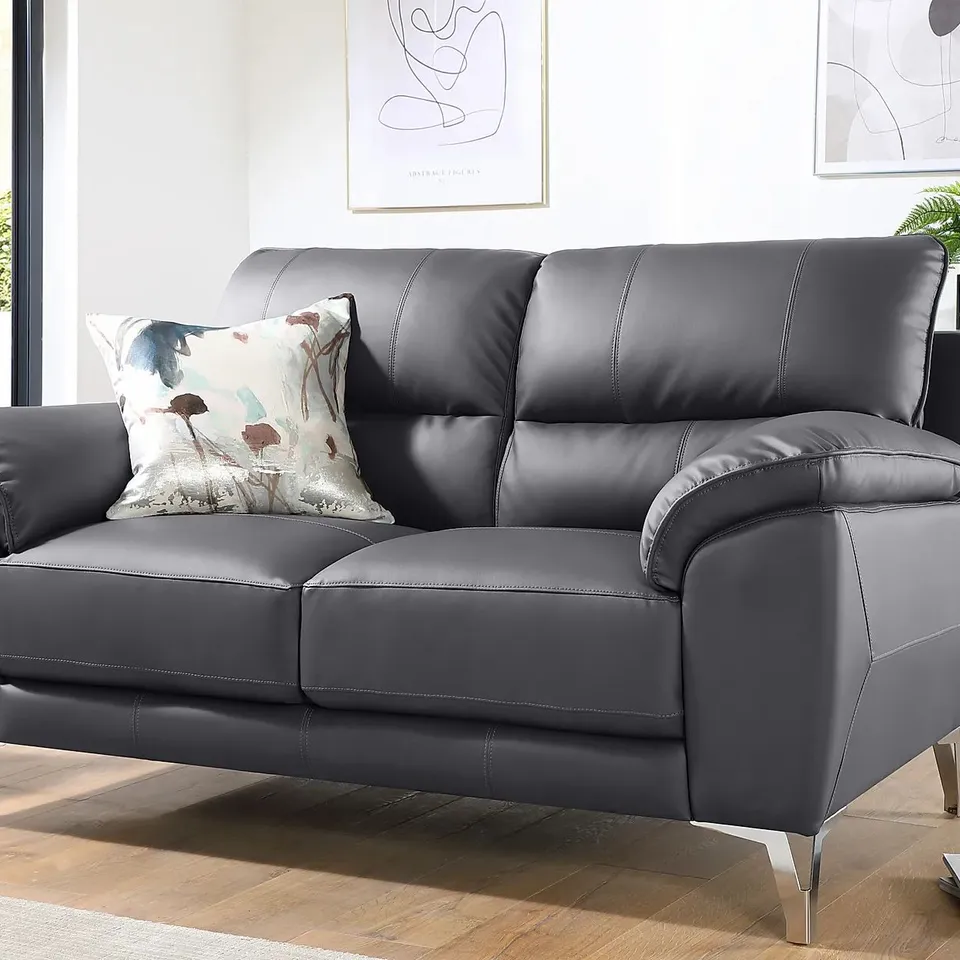 BOXED DESIGNER MADRID GREY LEATHER 2 SEATER SOFA (1 BOX )