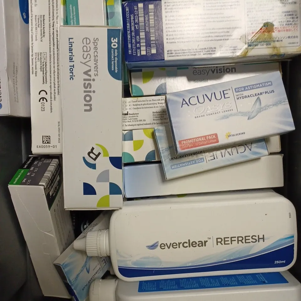 BOX OF APPROXIMATELY 30 ASSORTED HEALTH & EYECARE PRODUCTS TO INCLUDE NICORETTE LOZENGES, CONTACT LENSES, CONTACT SOLUTION ETC	