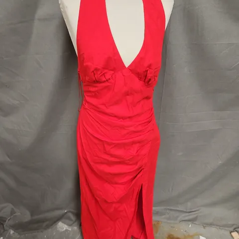 ZARA LINEN BLEND HALTERNECK SPLIT LEG DRESS IN RED SIZE L