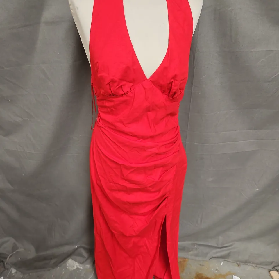 ZARA LINEN BLEND HALTERNECK SPLIT LEG DRESS IN RED SIZE M