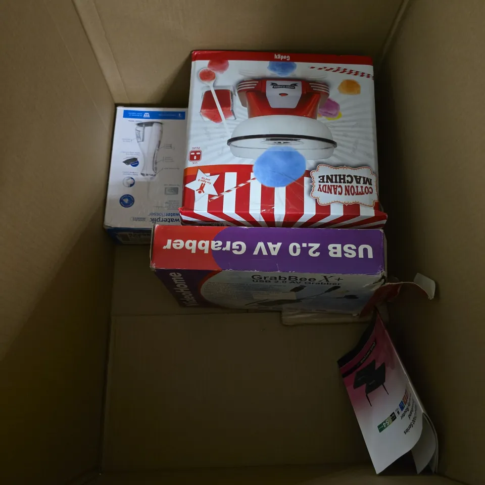 BOX OF APPROXIMATELY 5 ASSORTED ITEMS TO INCLUDE - WATERPICK - MONITOR SHELF - COTTON CANDY MACHINE - ETC