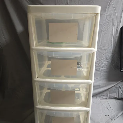 WHITE 4-DRAWER PLASTIC STORAGE TOWER WITH TRANSPARENT DRAWERS - COLLECTION ONLY