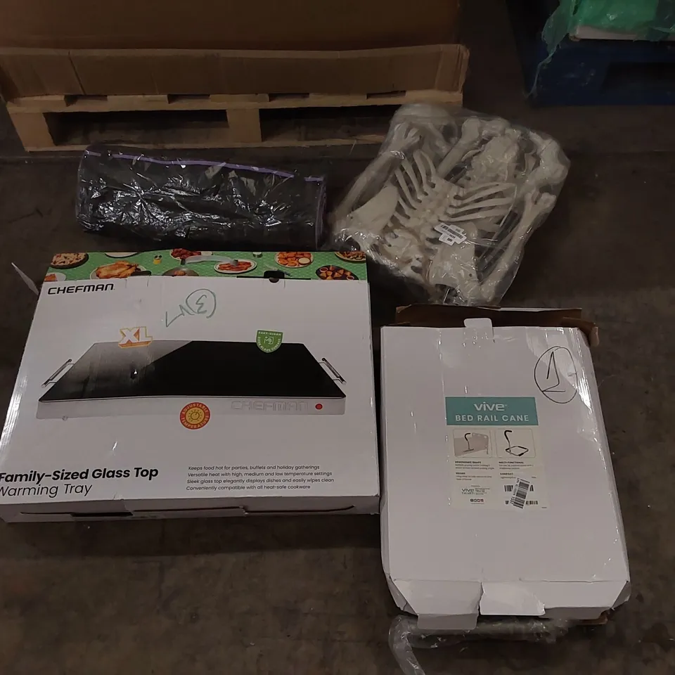 PALLET OF ASSORTED ITEMS INCLUDING: GLASS TOP WARMING TRAY, COFFEE MACHINE, BED RAIL CANE, HALLOWEEN DECORATIONS, YOGA MAT ECT