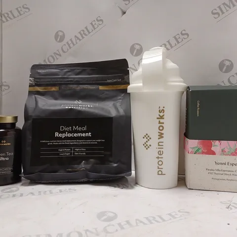 BOX OF APPROX 8 ASSORTED FOOD ITEMS TO INCLUDE - PROTEIN WORKS - TAITH THERMAL SHOCK WASHED RASPBERRY AND CHERRY - PROTEIN WORKS DIET MEAL REPLACEMENT ECT
