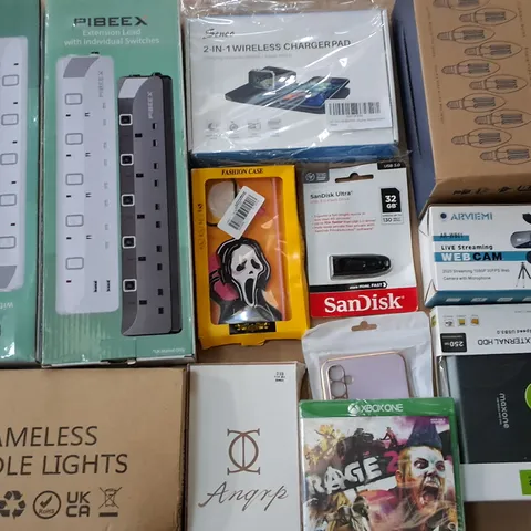 LARGE QUANTITY OF ASSORTED ITEMS TO INCLUDE RAGE 2 FOR XBOX, EXTENSION LEADS AND BOXED WEBCAM