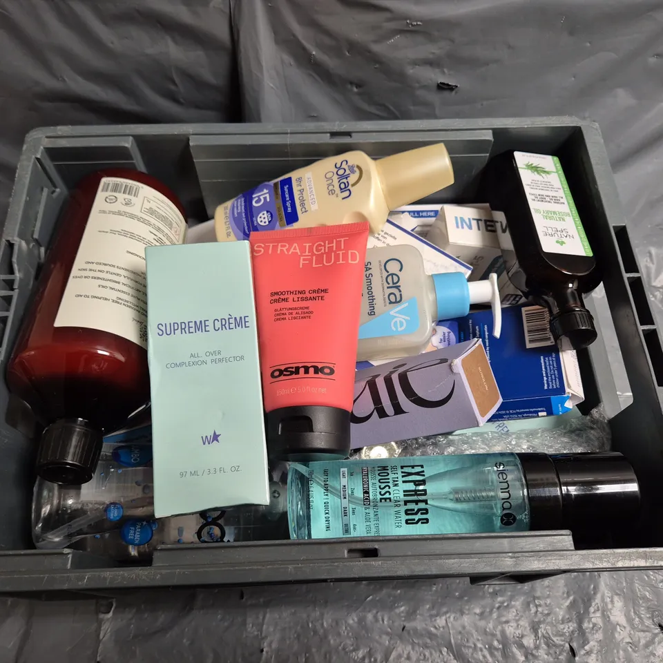 TOTE OF APPROXIMATELY 15 ASSORTED COSMETIC ITEMS TOO INCLUDE CERA VE, ROSEMARY OIL AND NATURAL FABRIC SOFTNER