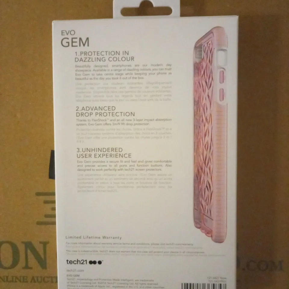 LOT OF APPROXIMATELY 100 BRAND NEW BOXED TECH 21 EVO GEM CASE WITH 9.9FT 3-LAYER DROP PROTECTION FOR IPHONE 7 PLUS & IPHONE 8 PLUS T21-5427 ROSE