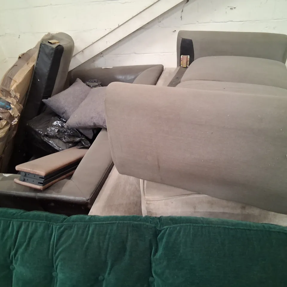 APPROXIMATELY SIX ASSORTED DESIGNER UPHOLSTERY PRODUCTS TO INCLUDE; DESIGNER GREEN FABRIC SOFA SECTION WITH BUTTON DETAIL, FOLDING BED SECTION AND GREY FABRIC SECTION