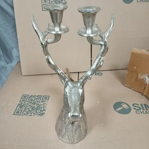 HANDCRAFTED SILVER-TONE ANTLER CANDLESTICK HOLDER, 2 ARMS – MADE IN INDIA