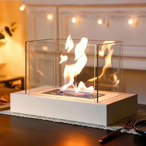 BOXED 360° VIEW RECTANGULAR TABLETOP FIREPLACE FIRE BOWL WITH FOUR-SIDED GLASS - WHITE