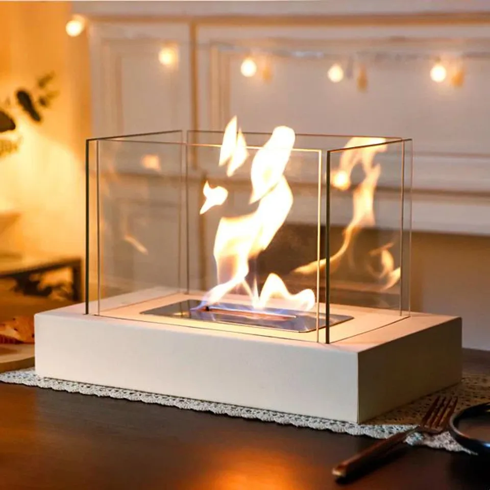 BOXED 360° VIEW RECTANGULAR TABLETOP FIREPLACE FIRE BOWL WITH FOUR-SIDED GLASS - WHITE