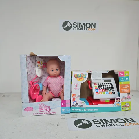 BE MY BABY DRINK AND GO POTTY BABY DOLL (BOXED) + BUSY ME ELECTRONIC CASH REGISTER TOY – 2-PIECE LOT