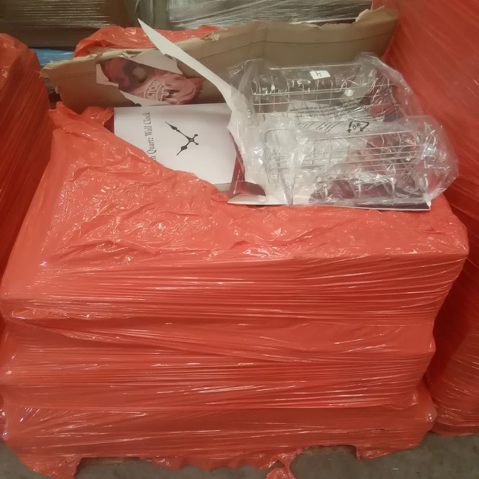 PALLET OF ASSORTED ITEMS INCLUDING WALL CLOCK, GROOMING BRUSH, STEAM MOP