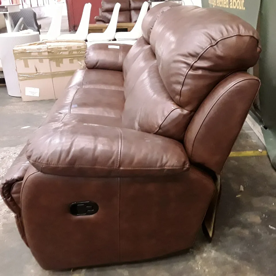 DESIGNER 3 SEATER MANUAL RECLINER SOFA - BROWN LEATHER