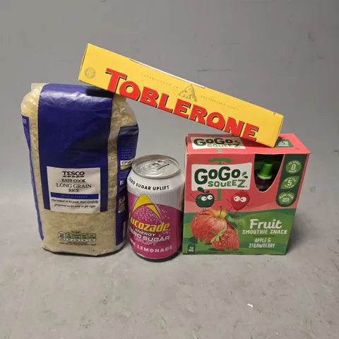 APPROXIMATELY 7 ASSORTED FOOD & DRINK ITEMS TO INCLUDE - TOBERONE , TESCO LONG GRAIN RICE , GOGO SQUEEZ ETC