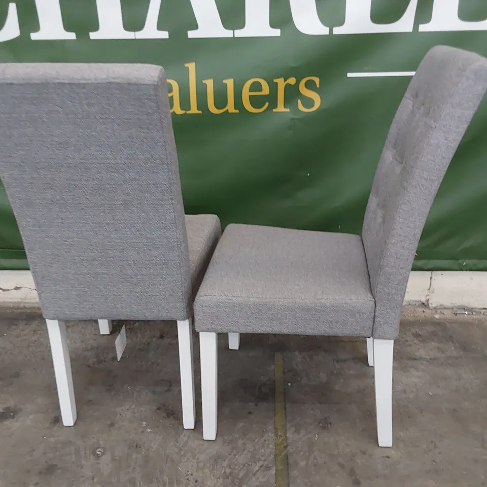 PAIR OF UPHOLSTERED BUTTONED BACK DINING CHAIRS GREY FABRIC ON WHITE PAINTED LEGS 