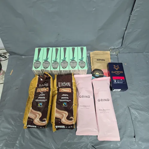 APPROXIMATELY 10 ASSORTED FOOD/DRINK ITEMS TO INCLUDE GRIND COFFEE, LEROYAL CHOC MILK, AND CAFEPOD COFFEE ETC.