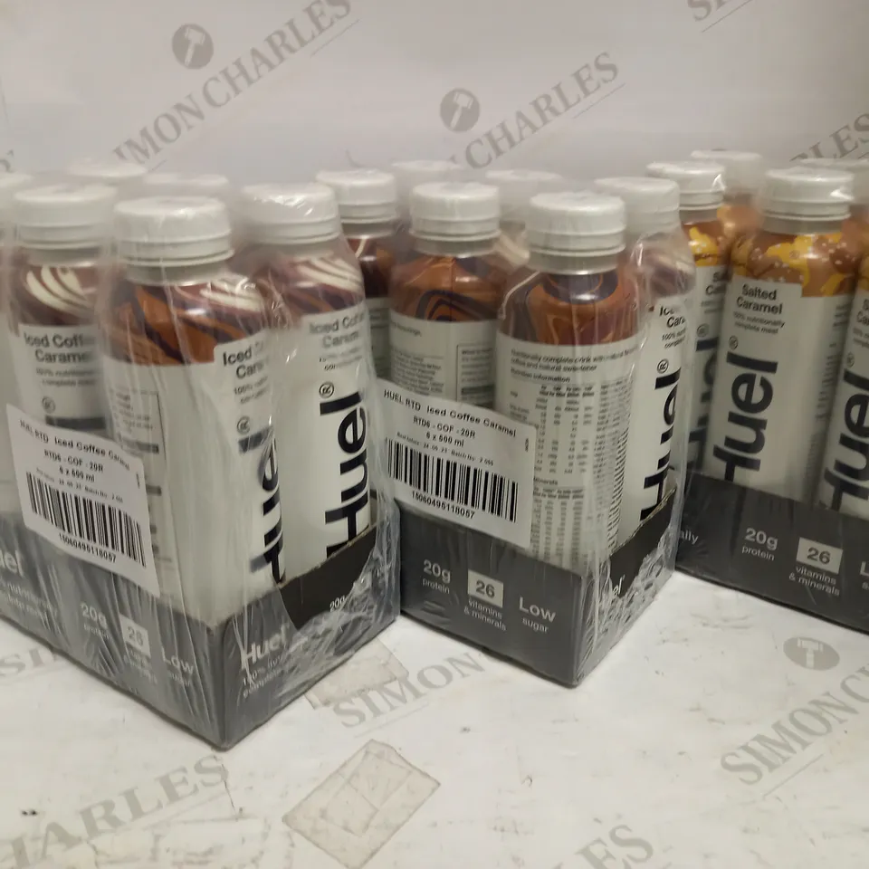 LOT OF 18 HUEL MEAL REPLACEMENT DRINKS IN SALTED CARAMEL & ICED COFFEE CARAMEL (18 X 500ML)
