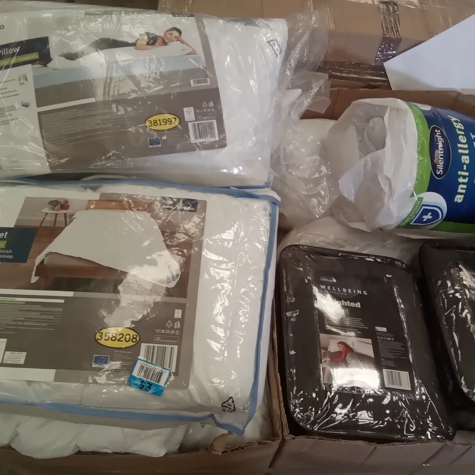 PALLET OF ASSORTED BEDDING INCLUDING SILENTNIGHT ANTI-ALLERGY DUVETS, WEIGHTED BLANKETS, LIVARNO BODY PILLOW, MICROFIBRE DUVET