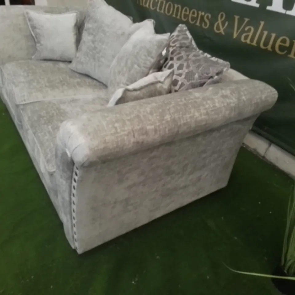 DESIGNER VESPER GREY FABRIC TWO SEATER SOFA WITH STUDDED ARM DETAIL