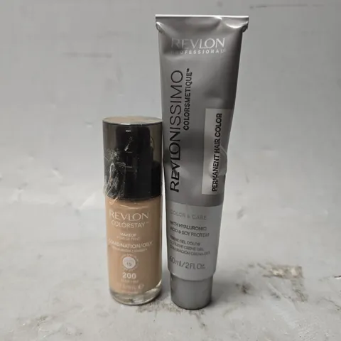 BOX OF APPROXIMATELY 15 ASSORTED REVLON ITEMS TO INCLUDE - COLOURSTAY MAKEUP 200 NUDE , REVLONISSIMO COLOURSMETIQUE CREME GEL COLOUR 