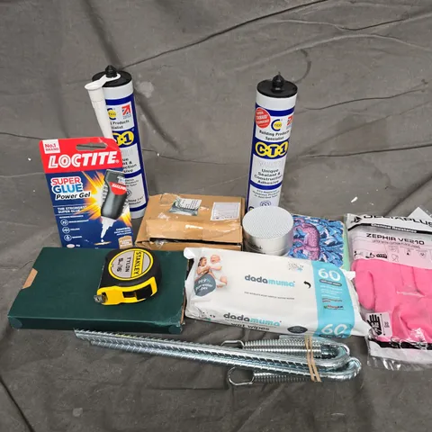APPROXIMATELY 15 ASSORTED HOUSEHOLD ITEMS TO INCLUDE STANLEY TAPE MEASURE, WHITE SEALANT, SOUNDTECH SPEAKER, ETC
