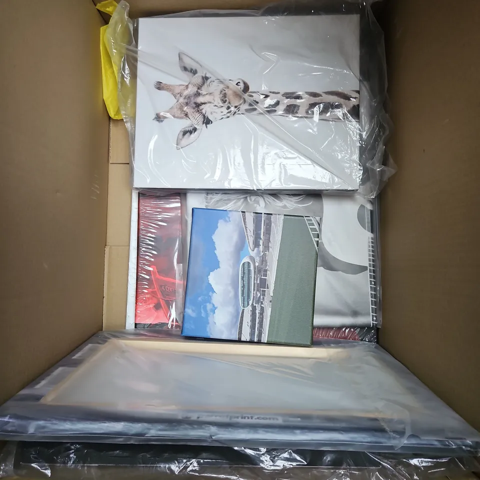 BOX OF APPROX 12 ASSORTED CANVAS PAINTINGS/PRINTS