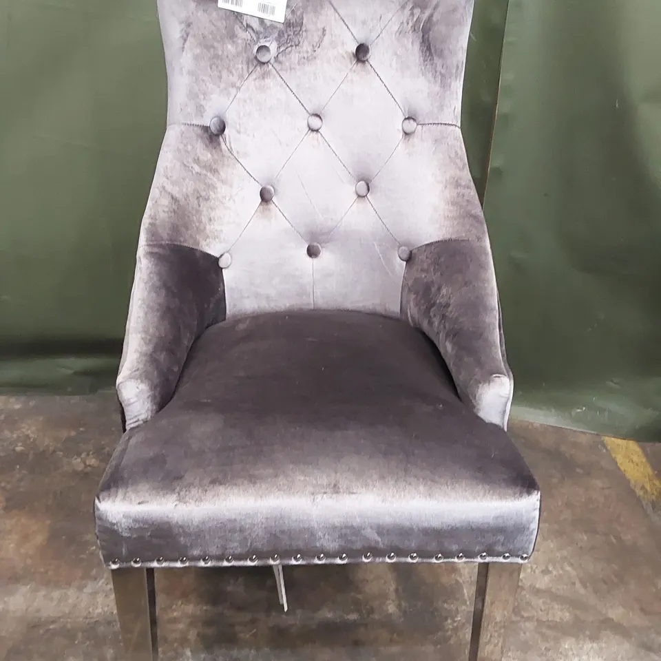 SILVER VELVET BUTTON BACK DINING CHAIR