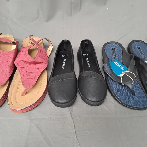 BOX OF APPROXIMATELY 15 ASSORTED PAIRS OF SHOES AND FOOTWEAR ITEMS IN VARIOUS STYLES AND SIZES TO INCLUDE MOUNTAIN WAREHOUSE, PRIMARK, ETC