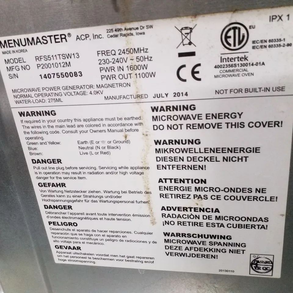 MENUMASTER COMMERCIAL MICROWAVE OVEN – MODEL RFS511TSW13