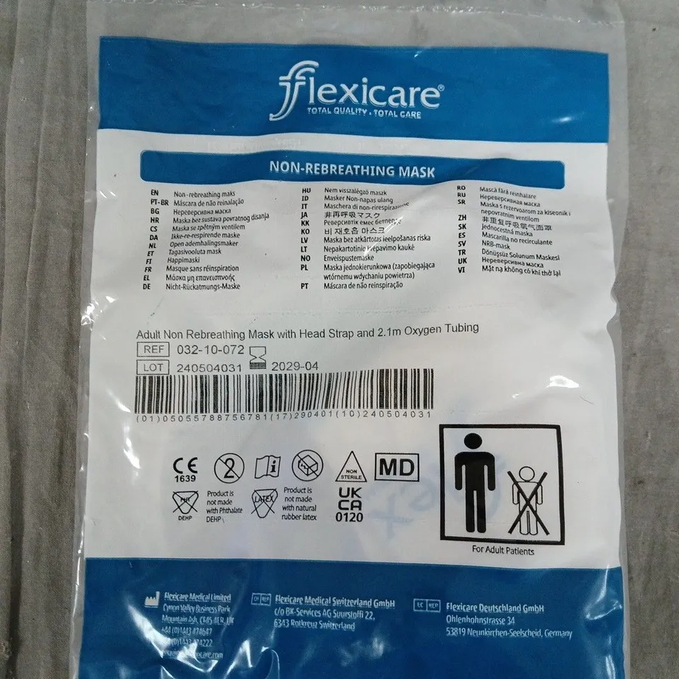 FLEXICARE ADULT NON-REBREATHING MASK WITH HEAD STRAP & 2.1M OXYGEN TUBING