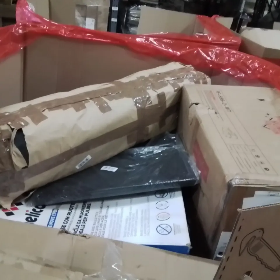 PALLET OF ASSORTED HOUSEHOLD GOODS AND PRODUCTS TO INCLUDE;MAGNETIC DARTBOARD,TV ROLLING STAND,LUX WHIRLPOOL SHOWER FITTING