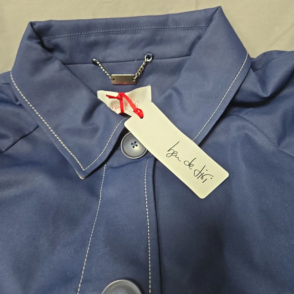 BEN DE LISI NAVY TRENCH COAT WITH WHITE CONTRAST STITCHING, LARGE BUTTONS AND FRONT FASTENING UK SIZE 14