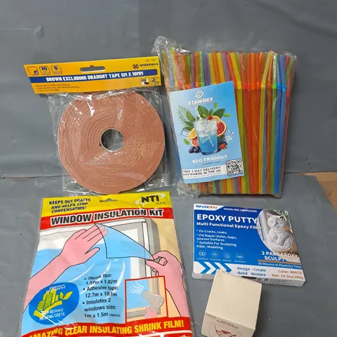 APPROXIMATELY 10 ASSORTED HOUSEHOLD ITEMS TO INCLUDE ECO FRIENDLY STRAWS, WINDOW INSULATION KIT, EPOXY PUTTY ETC 
