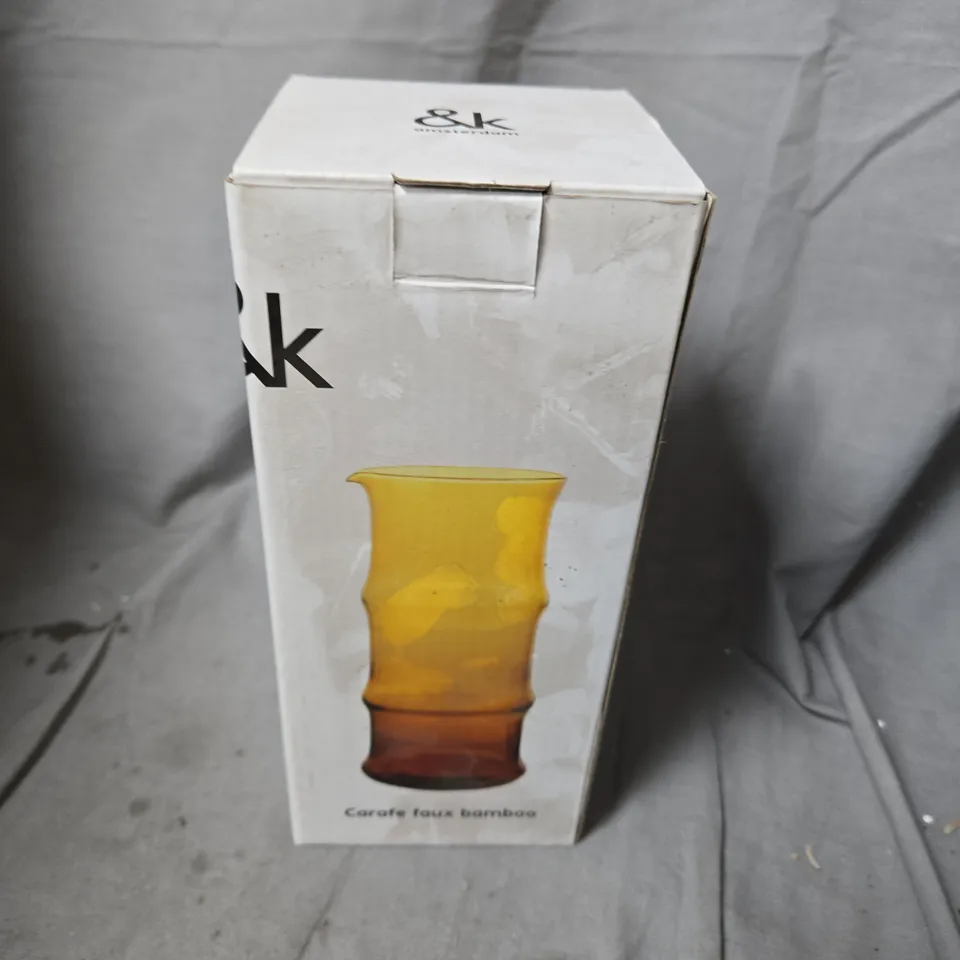 &K AMSTERDAM AMBER GLASS CARAFE VASE – FAUX BAMBOO DESIGN (BOXED)