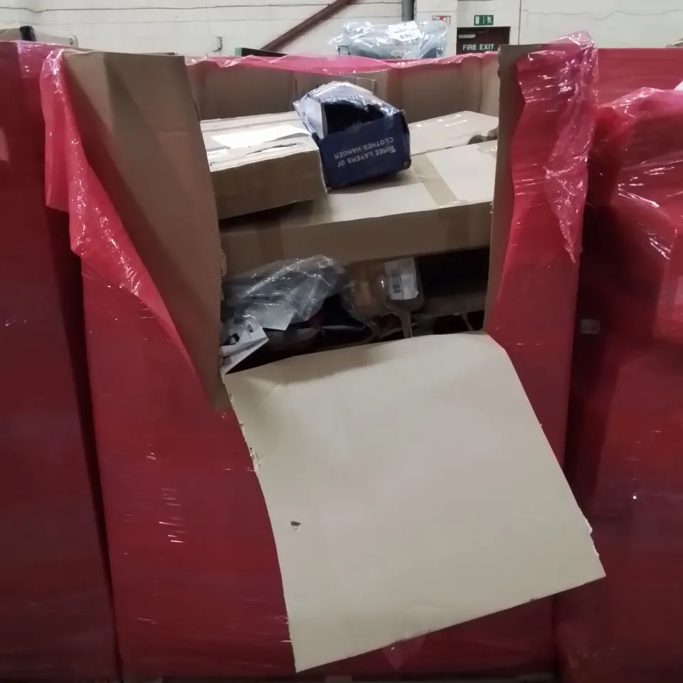 PALLET OF ASSORTED HOUSEHOLD ITEMS AND CONSUMER PRODUCTS TO INCLUDE; AIR COOLER, BABY PLAYPEN, CLOTHES HANGER, BOXED FURNITURE ETC 