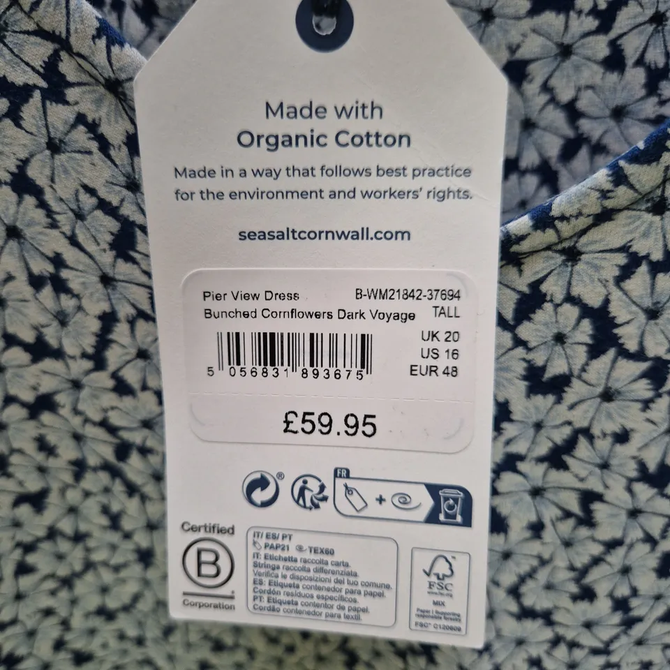 SEASALT CORNWALL PIER VIEW DRESS – BUNCHED CORNFLOWERS DARK VOYAGE, TALL, UK 20