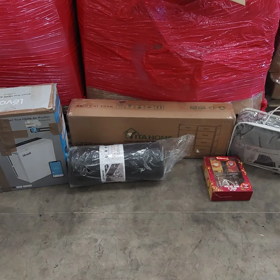 PALLET OF ASSORTED ITEMS INCLUDING: AIR PURIFIER, ELECTRIC BLANKET, DRAWEE CABINET, MEMORY FOAM KITCHEN MAT, MULLED WINE GIFT SET