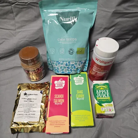 APPROXIMATELY 15 ASSORTED FOOD/DRINK PRODUCTS TO INCLUDE CHIA SEEDS, INSTANT SOYA, APPLE CIDER GUMMIES ETC