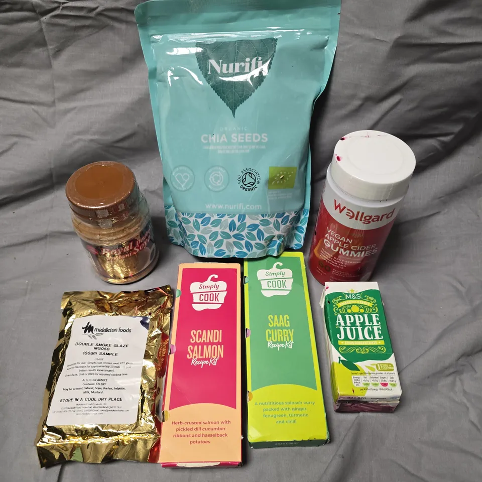 APPROXIMATELY 15 ASSORTED FOOD/DRINK PRODUCTS TO INCLUDE CHIA SEEDS, INSTANT SOYA, APPLE CIDER GUMMIES ETC 